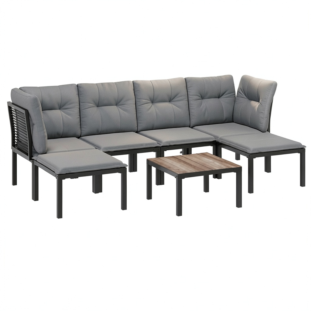 Salon de jardin, en résine tressée, 7 pièces, coloris noir et gris, pour la terrasse ou le jardin