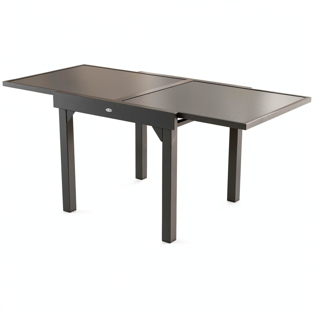 Table, 8 places, extensible, en aluminium et verre trempé, coloris gris et graphite, pour les espaces de vie
