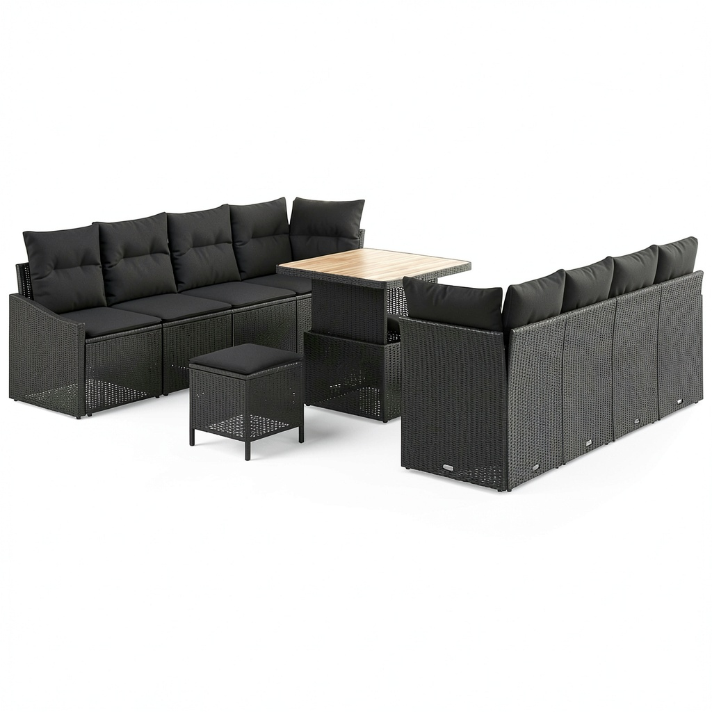 Salon de jardin, 11 pièces, modulable, avec rangement, en résine tressée, coloris noir, pour la terrasse ou le jardin