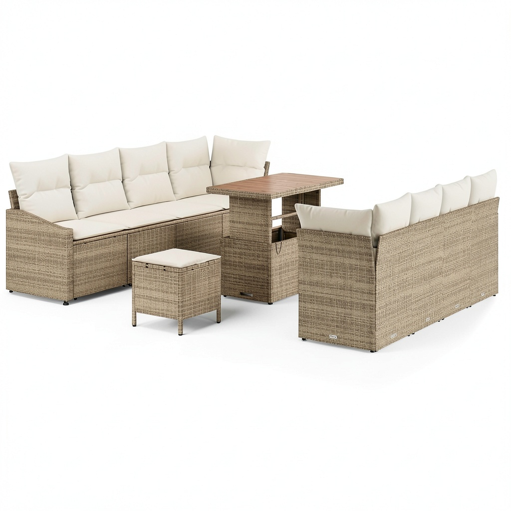 Salon de jardin, modulable, avec rangement, en résine tressée, 11 pièces, coloris beige et crème, pour la terrasse ou le jardin