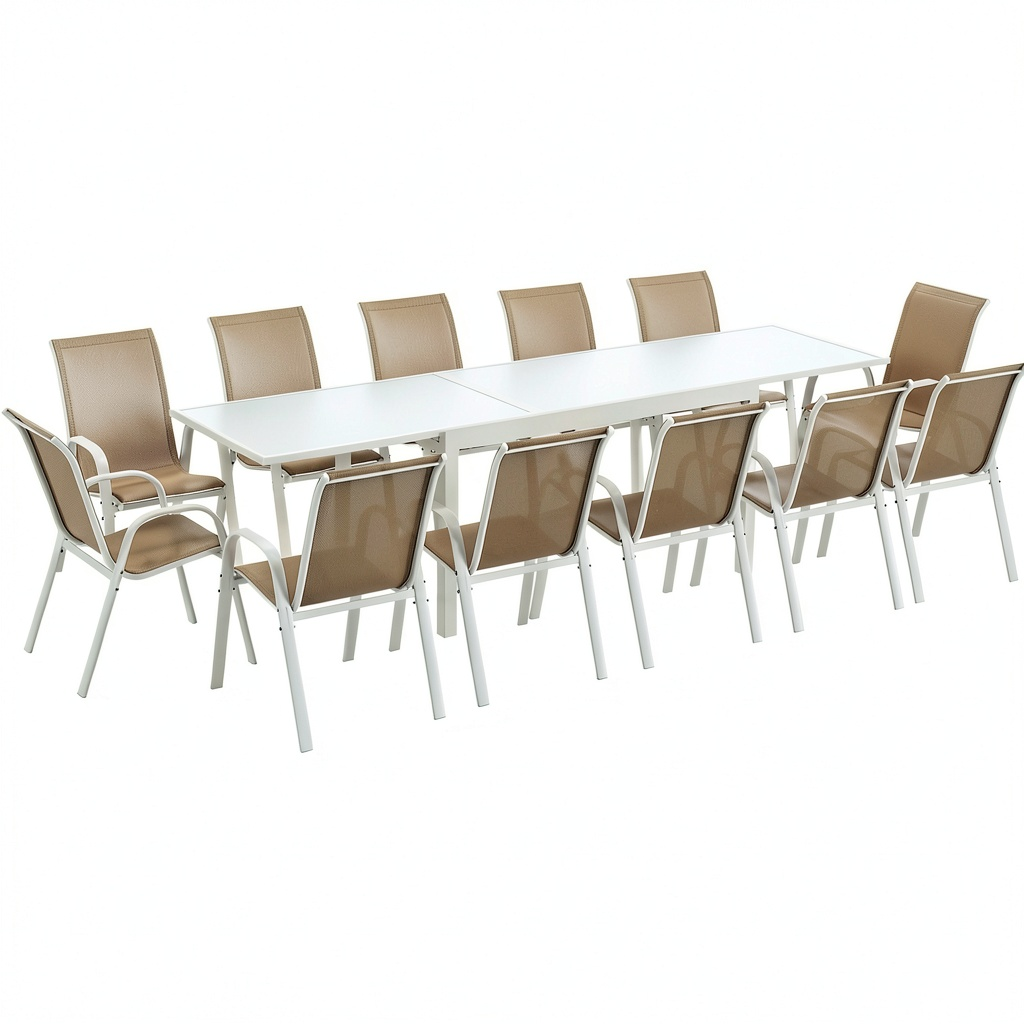 Salon de jardin, extensible, coloris blanc et beige, pour la terrasse ou le jardin