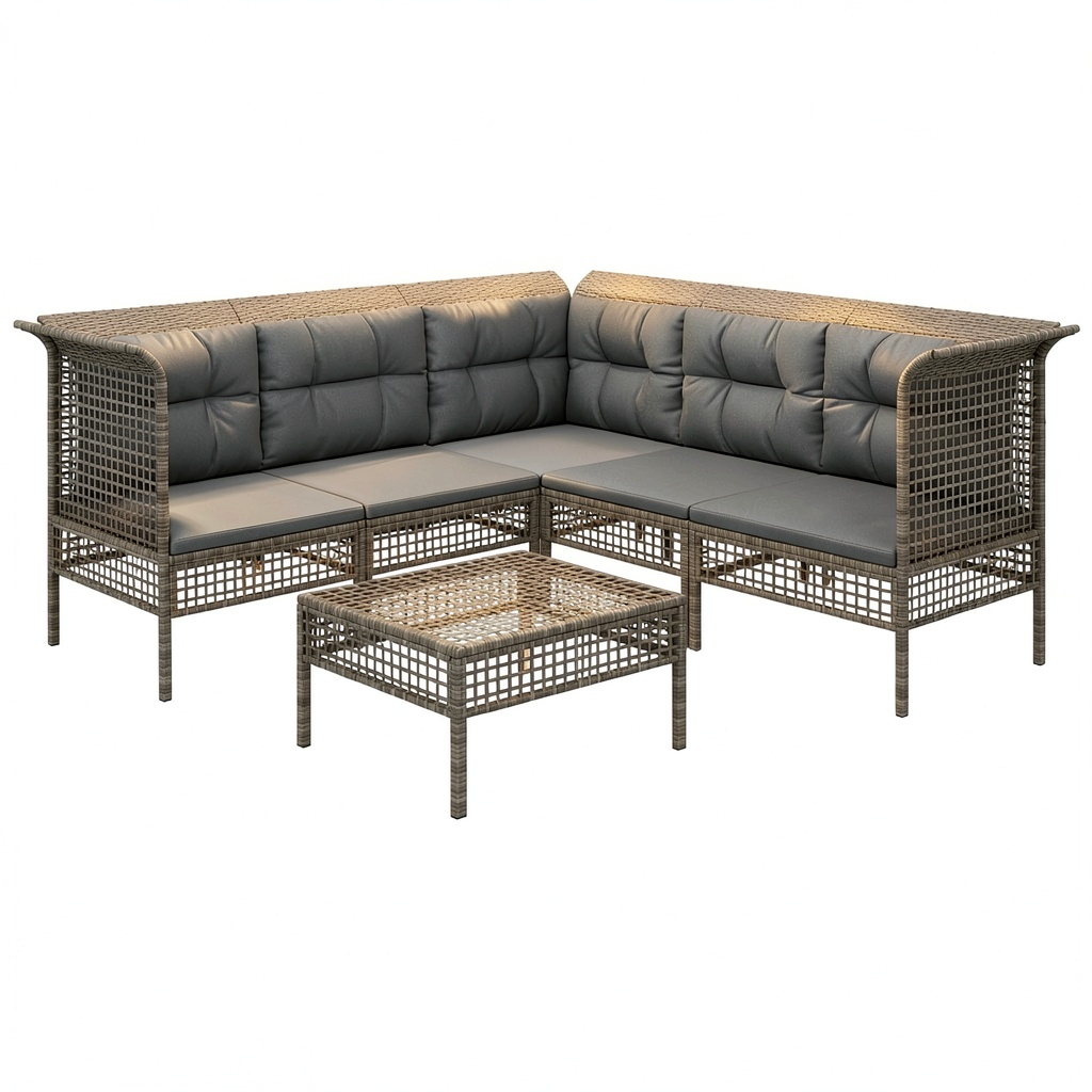Salon de jardin, en résine tressée, coloris gris, 6 pièces, pour la terrasse ou le jardin