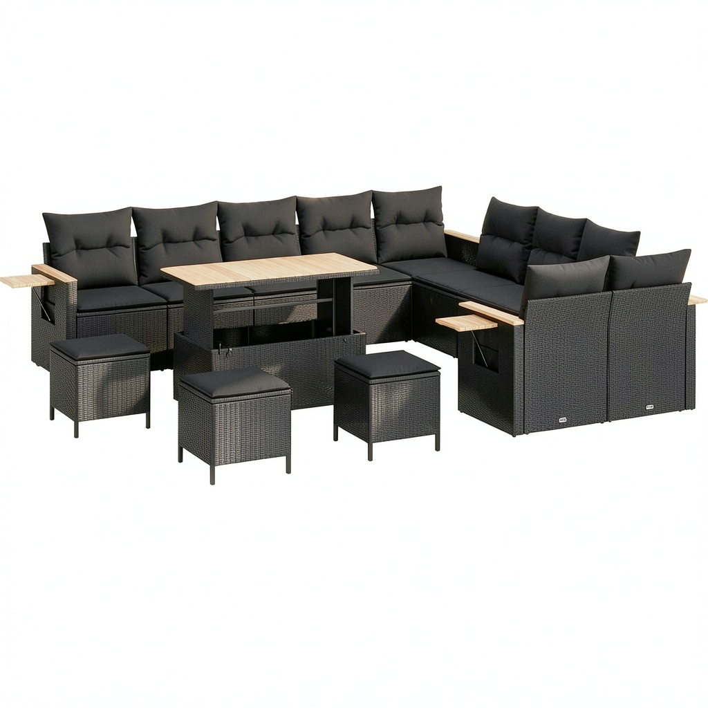 Salon de jardin, en résine tressée, modulable, coloris noir, pour la terrasse ou le jardin