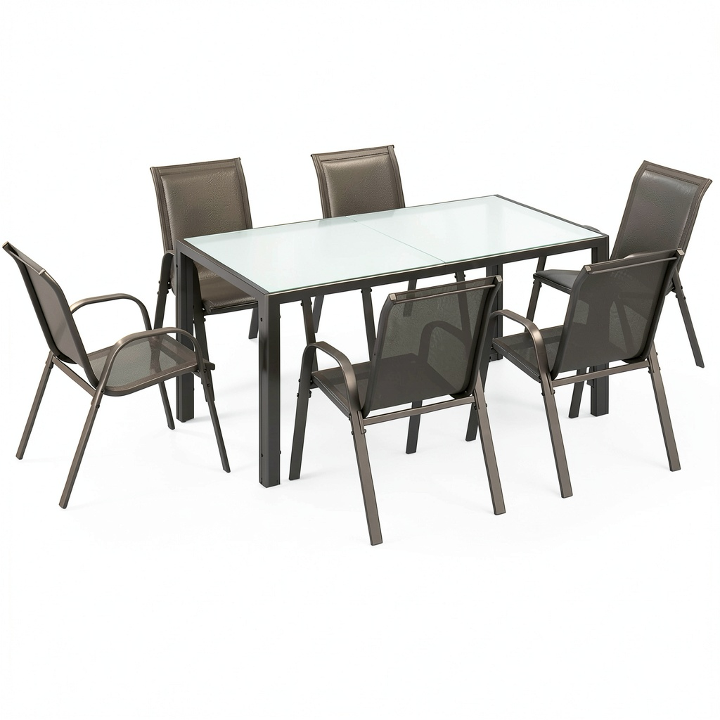 Salon de jardin, avec 6 chaises, coloris gris et anthracite, pour la terrasse ou le jardin