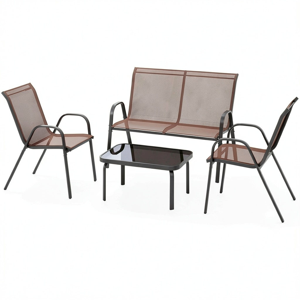 Salon de jardin, avec 2 fauteuils, coloris brun, 4 places, pour la terrasse ou le jardin