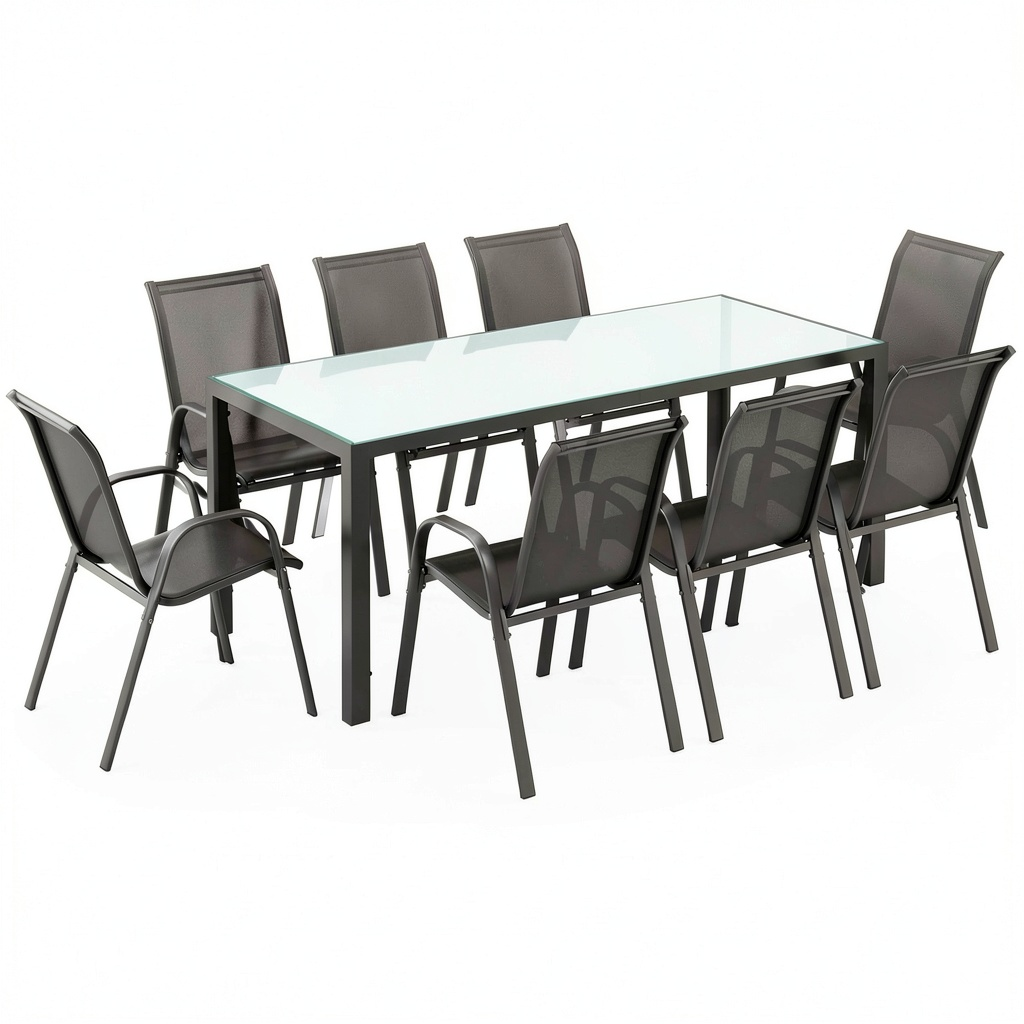Salon de jardin, avec 8 chaises, coloris gris et anthracite, pour la terrasse ou le jardin